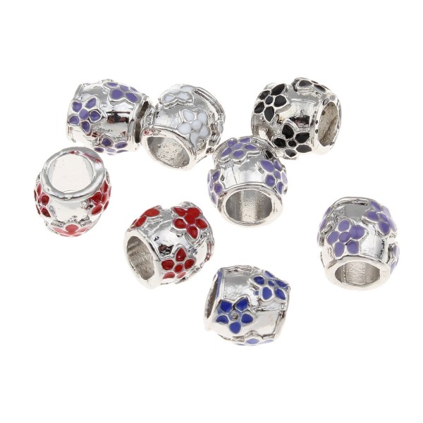 Large hole beads – silver coloured – with enamel insert – 5 pieces mixed