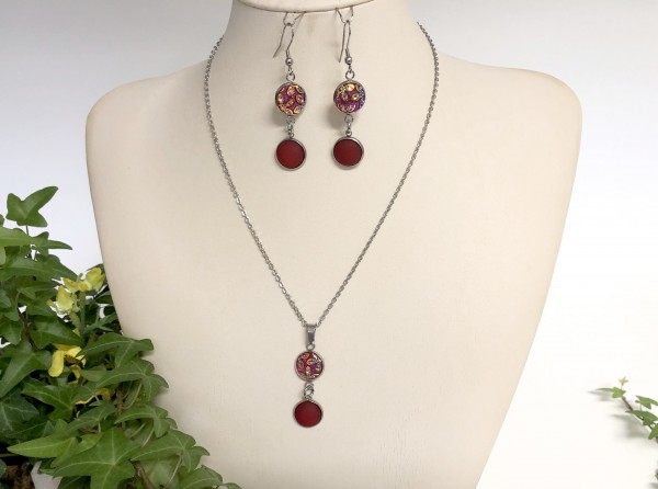 Sunny stainless steel jewelry set - necklace + earrings - color: ruby