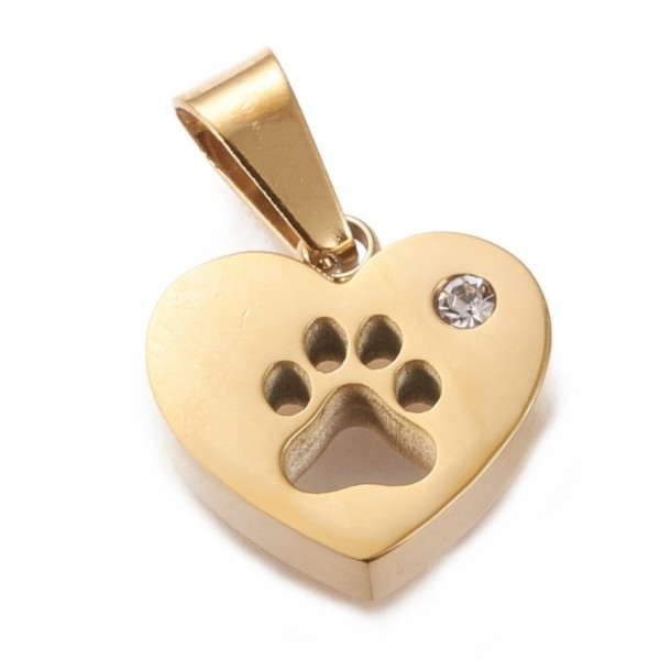 Heart with paw - stainless steel pendant gold colored with crystal - 1,4cm - 1 piece