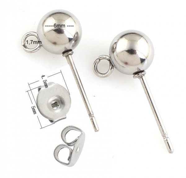 Earrings Ball 6 mm with eyelet – stainless steel – 1 pair