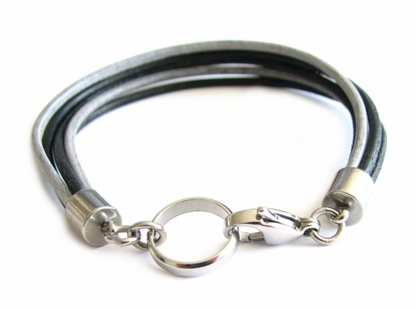 Leather bracelet with stainless steel clasp - in different lengths - black-grey
