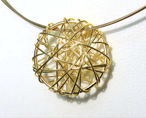 Wire Discus Pendant – Discussion- made of golden wire mesh