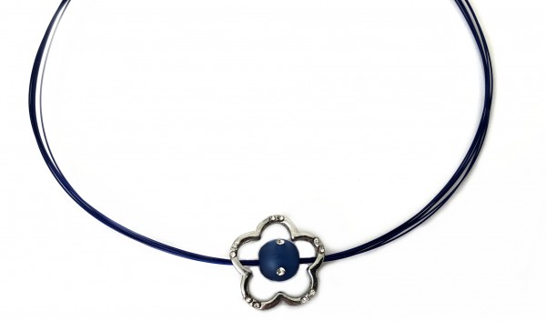 Steel wire collier blue – pendant + bead set with Swarovski crystals – 42-47 cm
